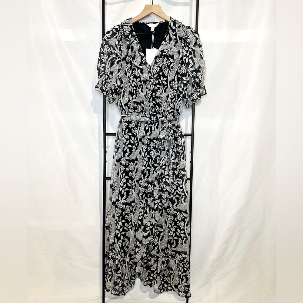 Ruffled Hem Maxi Dress, Black & White Print